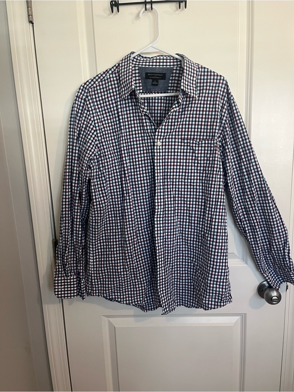 Banana Republic Men's Navy, White and Red Check Button-Down Shirt